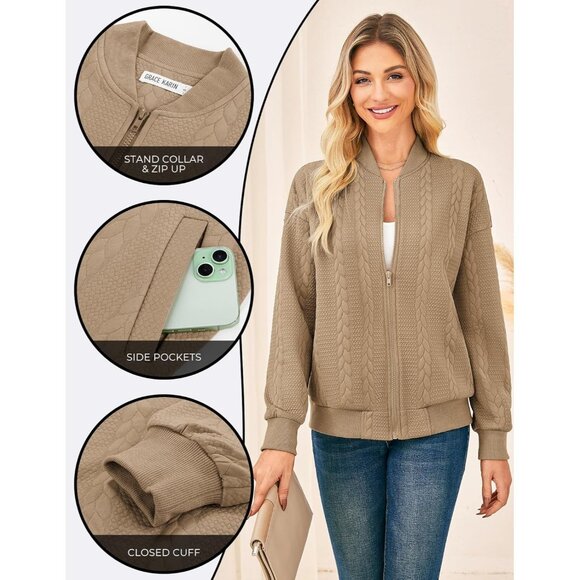 Women Khaki Lightweight Bomber Jacket Stand Collar Zip Up Fall Casual Coat - Picture 4 of 6